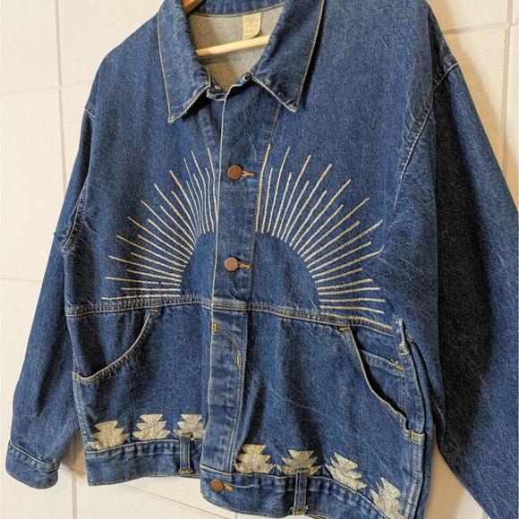 SOLD Vintage 80s embellished sunburst thunderbird denim jacket - Picture 2 of 6